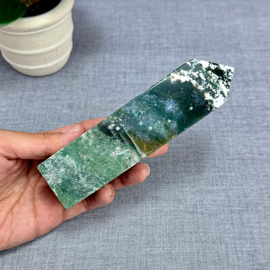 Moss Agate Tower, Imperfect, 5.98 in. - Itsy's Crystal Cove LLC