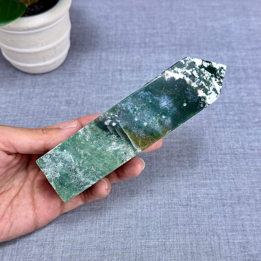Moss Agate Tower, Imperfect, 5.98 in. - Itsy's Crystal Cove LLC