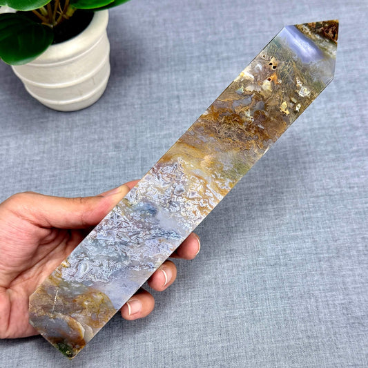 Moss Agate Tower, Imperfect, 9.63 in. - Itsy's Crystal Cove LLC