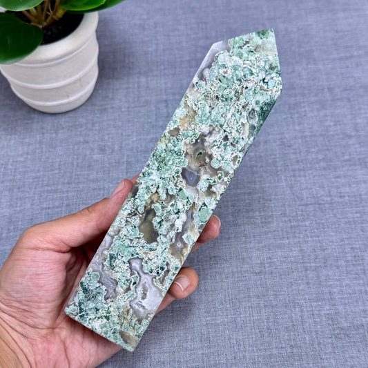 Moss Agate Tower, 7.5 in. - Itsy's Crystal Cove LLC