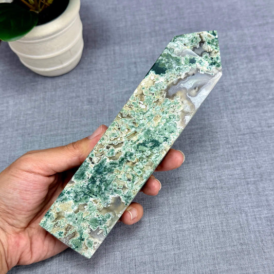 Moss Agate Tower, 7.5 in. - Itsy's Crystal Cove LLC